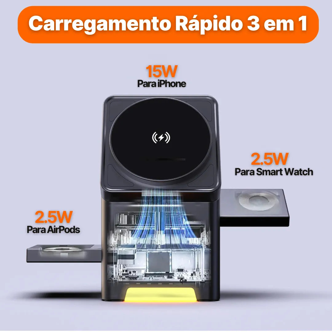 Carregador 3 em 1 com Carregamento Rápido de 15W para iPhone, Apple Watch e AirPods | Innova Fácil
