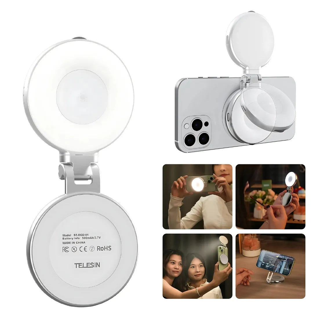 Luz de Preenchimento Magnética TELESIN Magsafe 360° com Espelho e 3 Modos de Iluminação | Innova Fácil